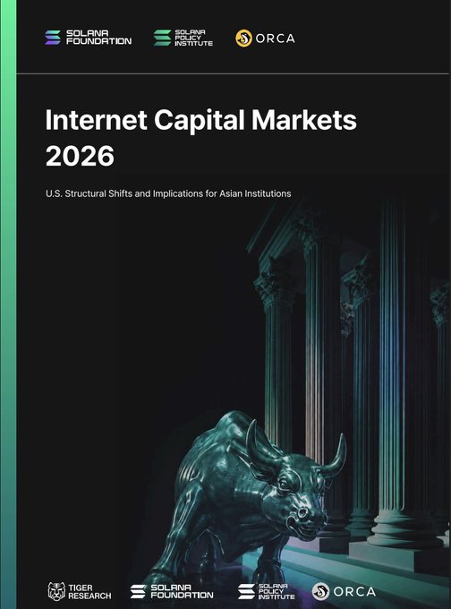 The image features a cover for an article titled "Internet Capital Markets 2026" by Orca, Solana Foundation, and Solana Policy Institute. The cover has a black background with a green border that displays the title of the article at the top in white text. Below this title is a photo of a bull statue positioned on a staircase or set of columns, which serves as an eye-catching visual element to grab the reader's attention.