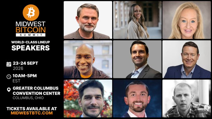 A promotional graphic for the 'MIDWEST BITCOIN SUMMIT' on September 23-24, 2026, at the Greater Columbus Convention Center, showing photos of eight world-class speakers.