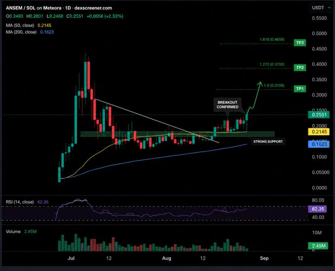A daily candlestick chart of ANSEM/SOL on Meteora shows a price of $0.2493, up 2.33%, with a "BREAKOUT CONFIRMED" annotation after the price broke above a descending trendline from the strong support zone near $0.2145, with projected targets marked at TP1 ($0.3100), TP2 ($0.3700), and TP3 ($0.4650). The chart visually validates the post's narrative of an unlikely bottom call, illustrating how the token reversed from a prolonged decline that "everyone else" had dismissed as heading to zero, now staging a technical breakout toward new highs.