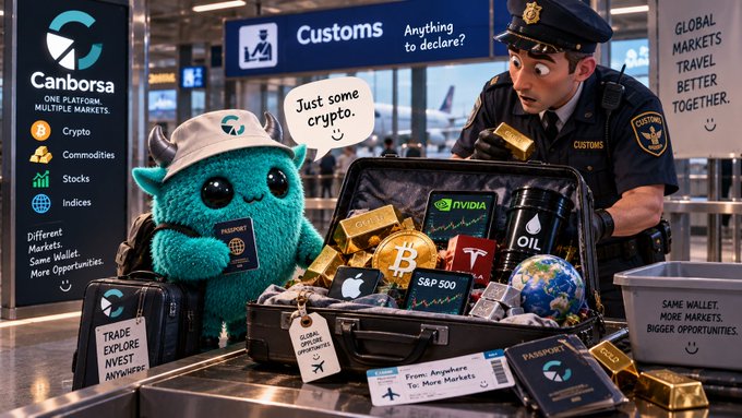 A cartoon-style advertisement for 'Canborsa' trading platform showing a teal furry monster at airport customs with an open suitcase full of gold bars, crypto coins, and stock tickers (Bitcoin, NVIDIA, Tesla, S&P 500, OIL) while a customs officer looks on.