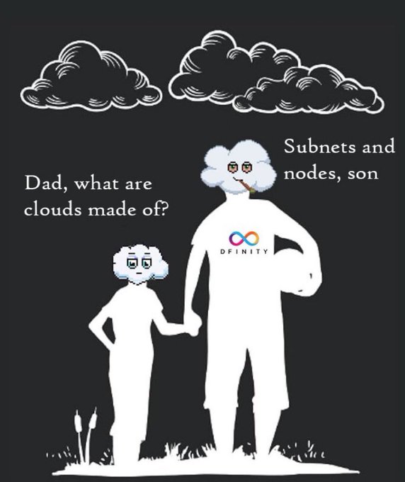 A humorous illustration showing a cloud-headed father and son, where the father explains 'Subnets and nodes, son' in response to 'Dad, what are clouds made of?', with a 'DFINITY' logo.