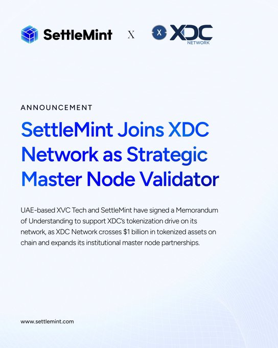 The image features a white background with black text that reads "Announcement #SettleMint Joins XDC Network as Strategic Master Node Validation". The text is written in a block style font, which makes it stand out against the white background. The image also includes a logo for the website "www.settlementmint.com" and a watermark that reads "©settlementmint.com".