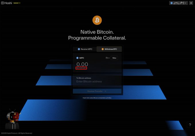 A screenshot of the Hoshi Protocol interface displaying 'Native Bitcoin. Programmable Collateral.' with a transfer panel showing tabs for 'Receive hBTC' and 'Withdraw BTC'.