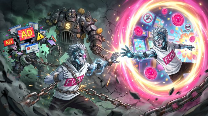 An anime-style illustration depicts two characters labeled 'FUN' breaking free from chains and a monstrous figure, fighting against 'AD', 'NO ADS', and 'NO PAYWALLS' representing the struggle between paid entertainment and ad-free, free content.