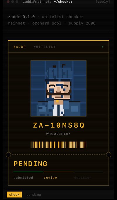 A terminal-styled interface displays a Zcash whitelist checker at zaddr@mainnet, showing the Zcash address "ZA-10MS8q" with the handle @meetaminx and a status of "PENDING" in review.