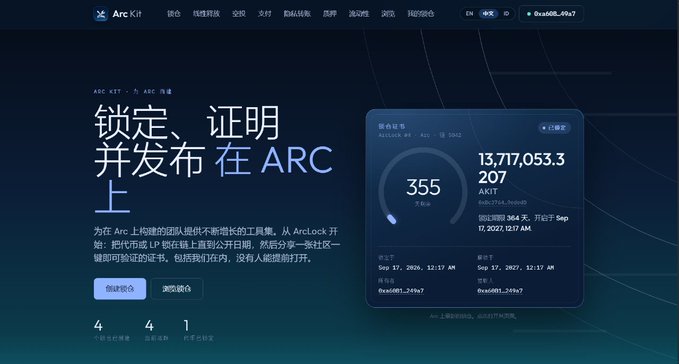 A screenshot of the Arc Kit website with Chinese text including '锁定、证明 并发布 在 ARC 上' (Lock, prove, and publish on ARC), showing AKIT token statistics with a value of 13,717,053.3 and price of 355.