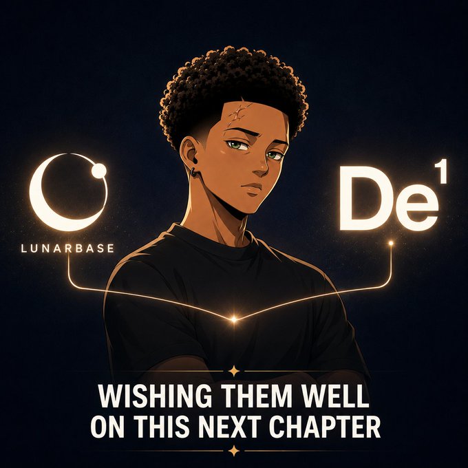 Dark illustration of a young man flanked by logos reading 'LUNARBASE' and 'De¹', with the caption 'WISHING THEM WELL ON THIS NEXT CHAPTER'.