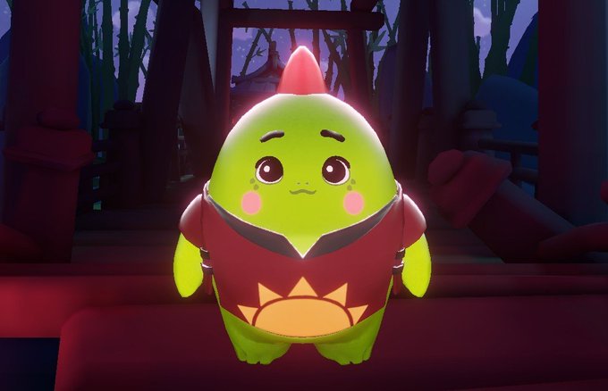 A 3D-rendered green dinosaur character with red spikes wearing a red sweater with a sun design, standing in a dark, atmospheric temple-like setting.