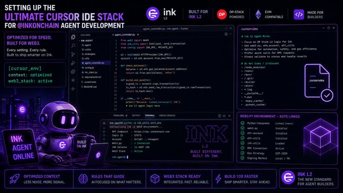 A promotional graphic titled 'SETTING UP THE ULTIMATE CURSOR IDE STACK FOR INK ONCHAIN AGENT DEVELOPMENT,' featuring a robot mascot, code snippets, and highlighting features like 'Web3 Stack Ready' and 'Built 10X Faster'.
