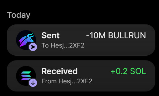 A cryptocurrency transaction confirmation screen shows a "Sent" entry of -10M BULLRUN and a "Received" entry of +0.2 SOL, both with the same counterparty wallet address ending in "2XF2." The screenshot serves as visual proof of the announced purchase, demonstrating that 0.2 SOL was successfully exchanged for 10 million $BULLRUN tokens.