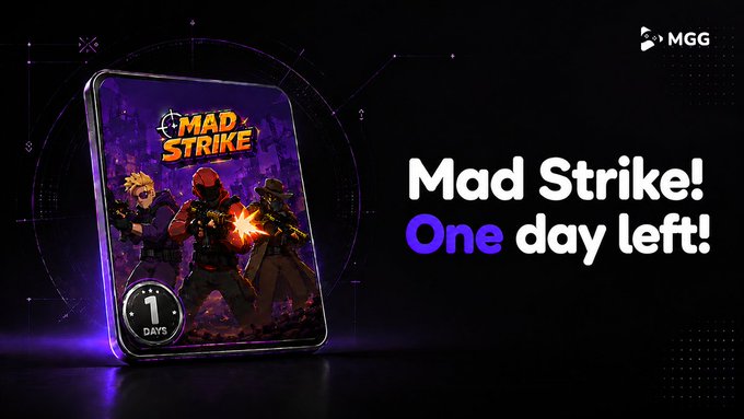 A promotional countdown banner for the "Mad Strike" game featuring a card with three armed characters and a "1 DAYS" countdown timer, alongside the text "Mad Strike! One day left!" on a dark background, marking the final day before the game's August 5 launch and leaderboard reset as mentioned in the accompanying post.