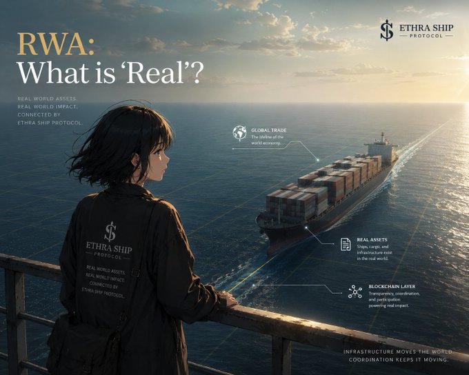 An advertisement for 'ETHRA SHIP PROTOCOL' titled 'RWA: What is 'Real'?' showing a person looking at a cargo ship with labels for Global Trade, Real Assets, and Blockchain Layer.