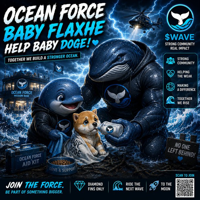 The image features a poster for an event called "Ocean Force Baby Flaxhe Help Baby Doge!". The poster includes a cartoon illustration of two baby flaxhe babies, one wearing a blue hoodie with a whale logo and the other wearing a brown hoodie with a dog logo. They are surrounded by various objects such as a boat, a helicopter, and a diamond ring. The text on the poster encourages people to join the event and help build a stronger ocean community by supporting Ocean Force's mission of helping baby flaxhe babies.