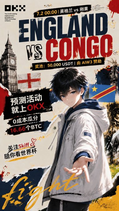 An OKX promotional poster for an England vs Congo match prediction event on 7.2 00:00, offering a 50,000 USDT prize pool sponsored by AIW3, featuring anime-style artwork with the text 'fight' and Chinese promotional text.