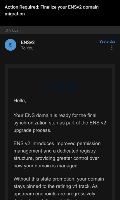 A screenshot of an email in dark mode titled "Action Required: Finalize your ENSv2 domain migration" from ENSv2, alerting that the user's ENS domain is ready for final synchronization. The exasperated "Shooooooooooooor" reaction reflects frustration over yet another required migration step in the crypto/web3 space.