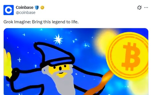 A Coinbase social media post reading 'Grok Imagine: Bring this legend to life,' featuring a cartoon wizard holding a large gold Bitcoin coin.