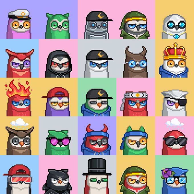 A pixel art grid of 25 stylized owls, each wearing different hats, hoods, sunglasses, and accessories against pastel backgrounds.