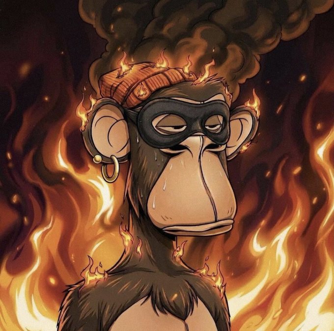 A digital illustration of a Bored Ape-style monkey NFT character wearing a black mask, set against a fiery background.