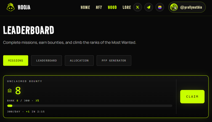 A dark-themed dashboard for 'HOOJA' showing a 'LEADERBOARD' page with an 'UNCLAIMED BOUNTY' of 8, a rank progress bar, and a bright yellow 'CLAIM' button.