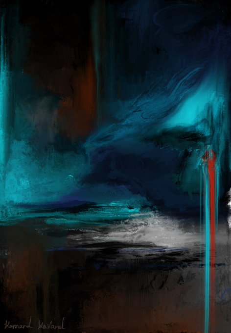 An abstract painting with dark blue, teal, brown, and red tones featuring vertical paint drips, signed 'Homard Harland'.