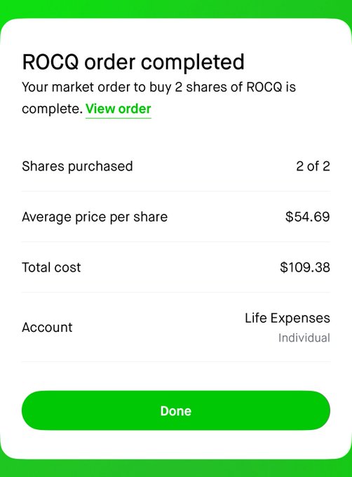 A mobile app screenshot confirming a completed stock order to buy 2 shares of ROCQ at an average of $54.69 per share, totaling $109.38 from a 'Life Expenses' account.