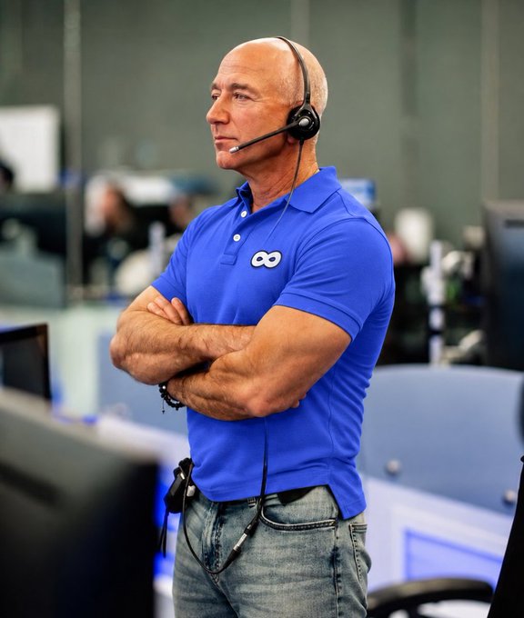 A bald man wearing a headset and a blue polo shirt with an infinity logo, standing with crossed arms in what appears to be a mission control or office environment.