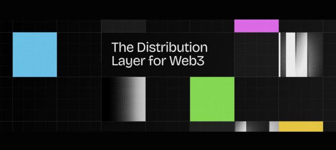A dark digital banner reads "The Distribution Layer for Web3" against a black background overlaid with a grid pattern and scattered colorful rectangles in pink, green, blue, yellow, and grayscale gradients. The geometric, tech-forward aesthetic visually reinforces the post's message about Nucleus providing a structured, trust-based reputation layer for measuring real onchain contributions in the Web3 ecosystem.
