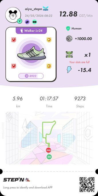iphone screen displaying a fitness tracking app, with a purple background and white text, featuring a cartoon character and a map of the user's location.