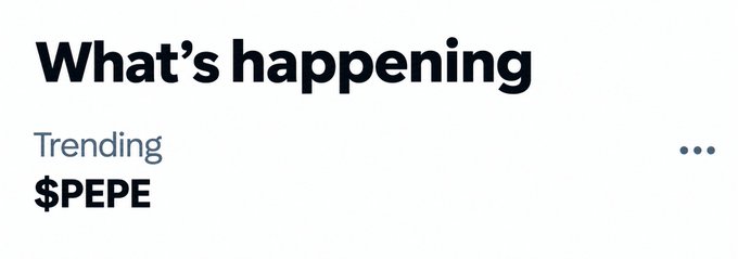A Twitter/X "What's happening" trending sidebar shows $PEPE listed as a trending topic, directly supporting the post's claim that the meme coin is trending on the platform.