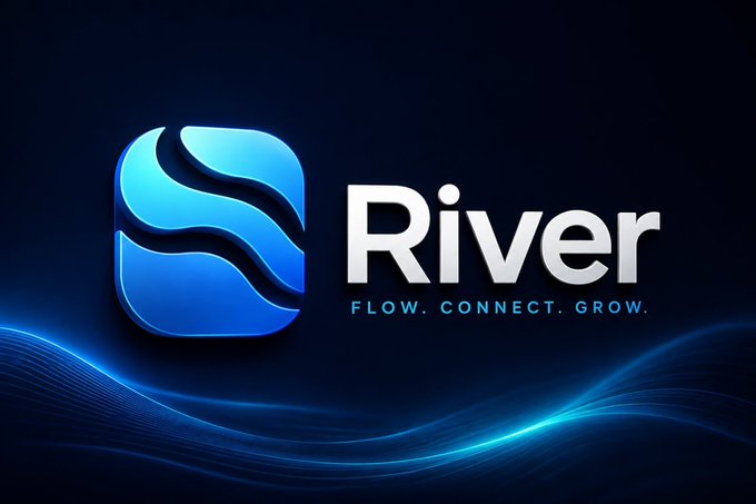A logo design for 'River' featuring a blue square icon with wave lines, accompanied by the tagline 'FLOW. CONNECT. GROW.' on a dark blue background.