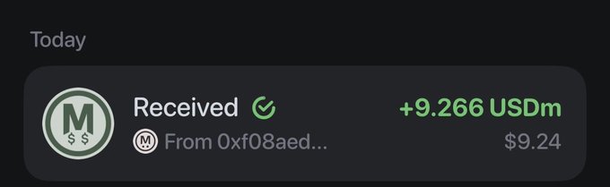 A green rectangle with an exclamation point at the top that reads "received", a green circle with a dollar sign below that says "9.66 usdm" and a thumbs up symbol above, and a message saying "Today".