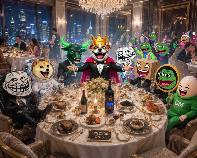 An AI-generated image of famous internet meme characters (Doge, Trollface, Pepe the Frog, Wojak, Chad, Shiba Inu, GM hoodie figure) having a luxurious 'LEGENDS ONLY' dinner with a crowned dog king in a fancy restaurant.
