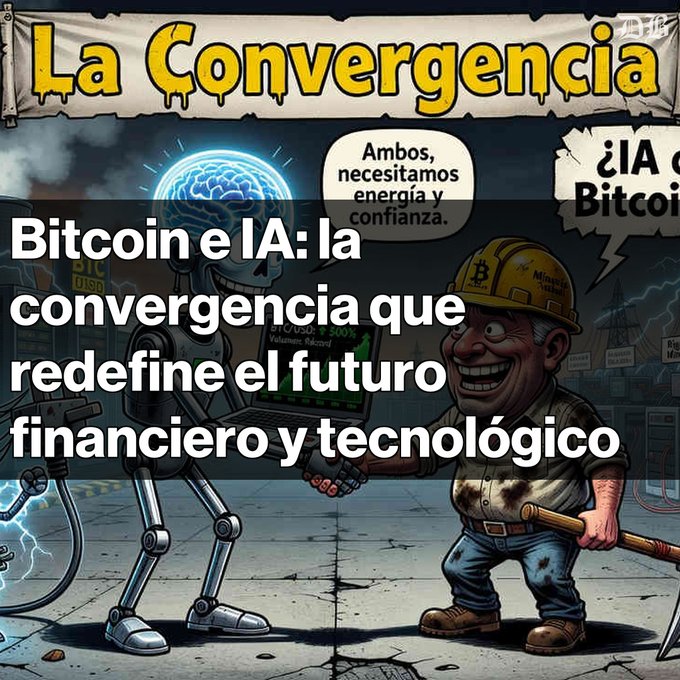 A comic-style illustration titled 'La Convergencia' with overlay text 'Bitcoin e IA: la convergencia que redefine el futuro financiero y tecnológico', depicting a robot shaking hands with a miner wearing a 'Bitcoin' hard hat and a speech bubble saying 'Ambos, necesitamos energía y confianza.'