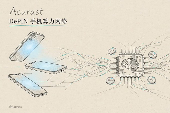 A hand-drawn style infographic titled 'Acurast DePIN 手机算力网络' depicting smartphones connected to a computer chip brain design.