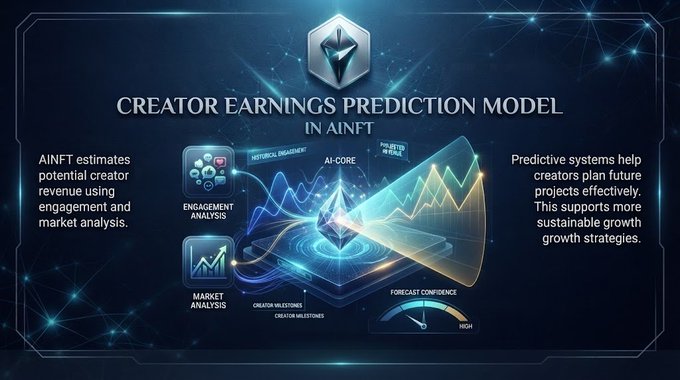 A dark blue tech-themed infographic titled 'CREATOR EARNINGS PREDICTION MODEL IN AINFT', featuring an Ethereum logo and describing how AINFT estimates potential creator revenue using engagement and market analysis with AI-core predictive systems.