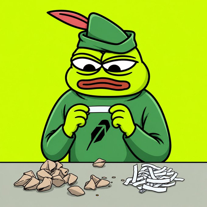 An illustration of a green Pepe the Frog character wearing a Robin Hood-style hat and shirt with an upward arrow logo, tearing paper strips while sitting at a table with a pile of rocks.