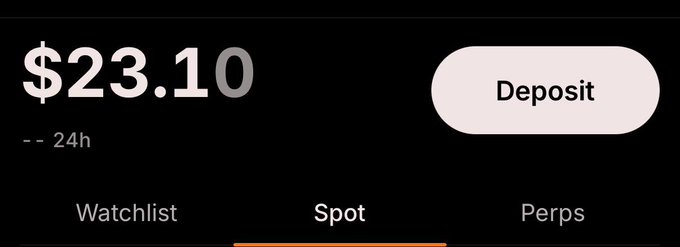 A cryptocurrency trading app screenshot displays an account balance of $23.10 over the past 24 hours, with "Deposit," "Watchlist," "Spot," and "Perps" options visible. This image serves as screenshot proof of a "Pit" wallet, aligning with the post's request for users to submit their account screenshots for a chance to receive $10 USD as part of a $10-to-$100K trading challenge.