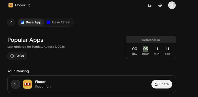 The image shows the Flooor platform's "Popular Apps" dashboard displaying Flooorr (flooor.fun) ranked #13, with a countdown timer showing only 5 hours, 11 minutes, and 11 seconds remaining until refresh—directly supporting the post's urgency about having a final 5-hour window to buy vrNouns and break into the top 10 ranking before the leaderboard resets.