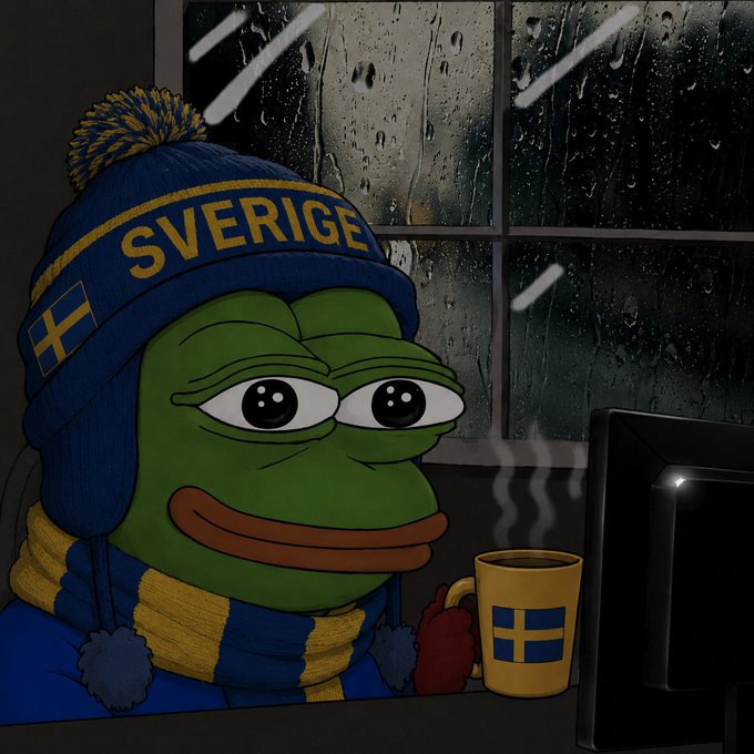 A Pepe the Frog character, dressed in a Swedish hat and scarf, holds a Swedish flag-themed mug while looking at a computer screen on a rainy night. This imagery playfully illustrates the idea of "geopolitical arbitrage" via Sweden, as mentioned in the accompanying post.