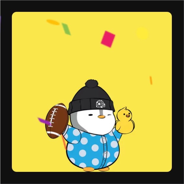 A cartoon penguin wearing a blue polka-dot jacket, black beanie, and football-themed hat holds a football and a yellow rubber duck against a yellow background with confetti.
