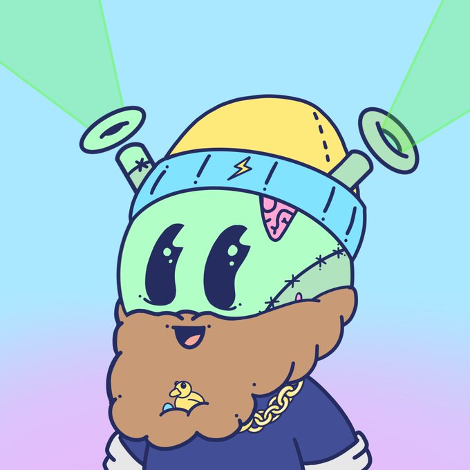 A cartoon illustration of a green, zombie-like character with a yellow hard hat, stitched-up face, a gold chain, and a long brown beard, with green light beams projecting from its head.
