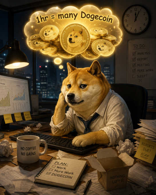An AI-generated image depicts the Doge Shiba Inu dog wearing a shirt and tie, sitting at a desk with a thought bubble saying '1hr = many Dogecoin,' surrounded by office items like a 'NO COFFEE NO GAINS' mug and a to-do list.