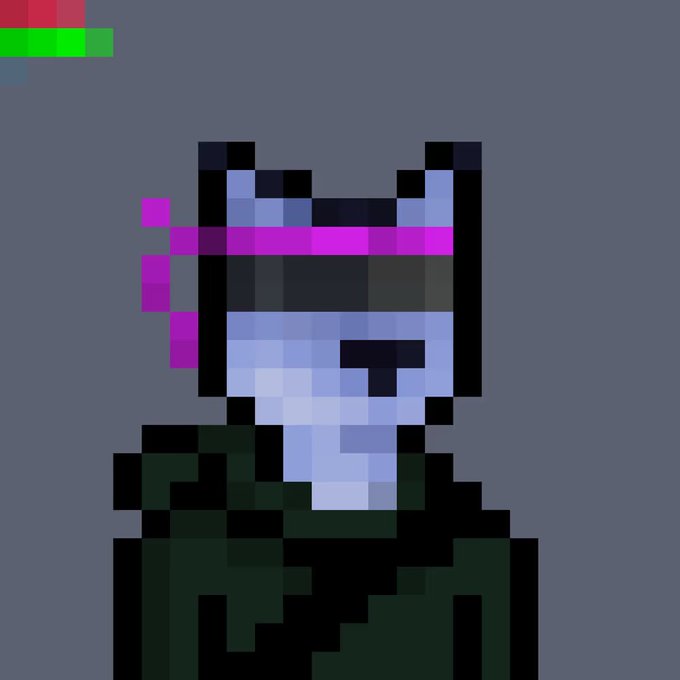 A pixel art character with a blue face and purple headband, wearing a dark cloak, representing the "Purple headband crew" rare trait. In the top-left corner is a health/status bar with green and red segments.