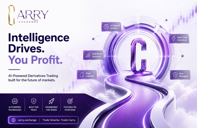 A purple-themed promotional banner for Carry Exchange reading 'Intelligence Drives. You Profit.' promoting AI-Powered Derivatives Trading, with features listed: AI-Powered Insights, Real-Time Execution, Data-Driven Decisions, Deep Liquidity, and Risk Managed.