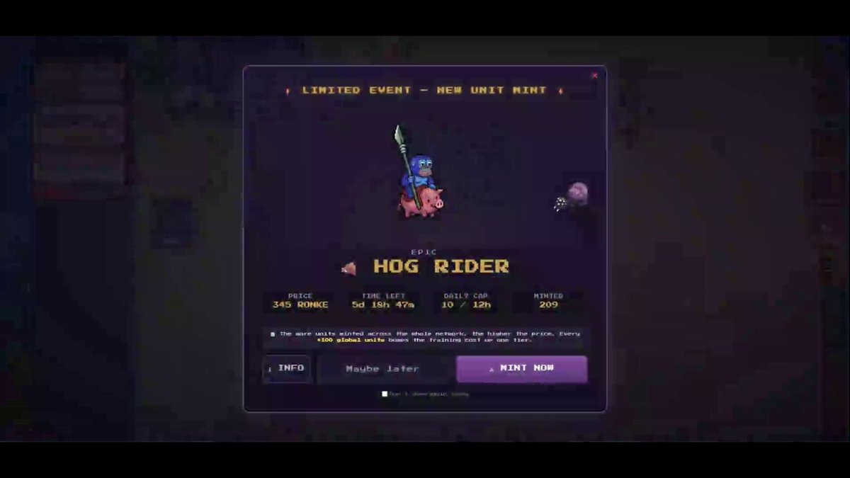 The image shows a video game that looks like a checkers program but has a pixelated appearance. It features a pop-up screen displaying a character known as the Hog Rider, who is riding on top of a giant pig's back. The player seems to be in the process of entering a specific action within the game or choosing their next move, which can be seen through the multiple buttons present on the screen. There are also options for selecting different characters and locations, giving players the flexibility to decide how they want their Hog Rider to ride.