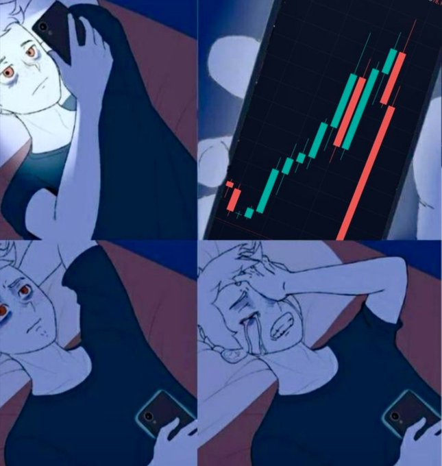 A four-panel meme shows an anime-style character anxiously checking a stock chart that has turned red (declining) at night, followed by shots of the character waking up the next morning with dark, tired eyes clutching their phone—illustrating the painful "we try again tomorrow" moment after a losing trading day wipes out their portfolio.