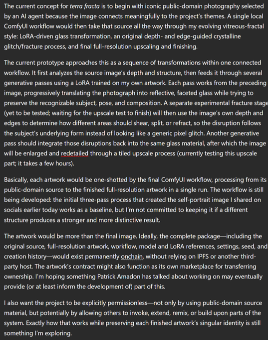 A block of text describing a concept for 'terra fracta' - an AI-driven art project using ComfyUI workflow with public-domain photography, LoRA transformations, and generative processes.