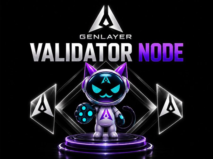 A digital graphic with the text "GENLAYER VALIDATOR NODE" above a cartoon cat character in a purple spacesuit holding glowing nodes, set against a black background with geometric shapes.