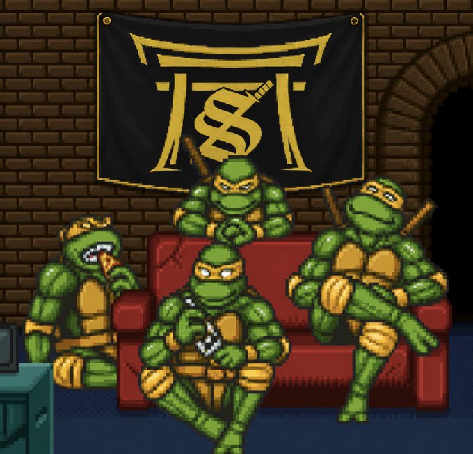 Pixel art of the Teenage Mutant Ninja Turtles sitting on a red couch eating pizza, with a black and gold 'TSFT' banner behind them.