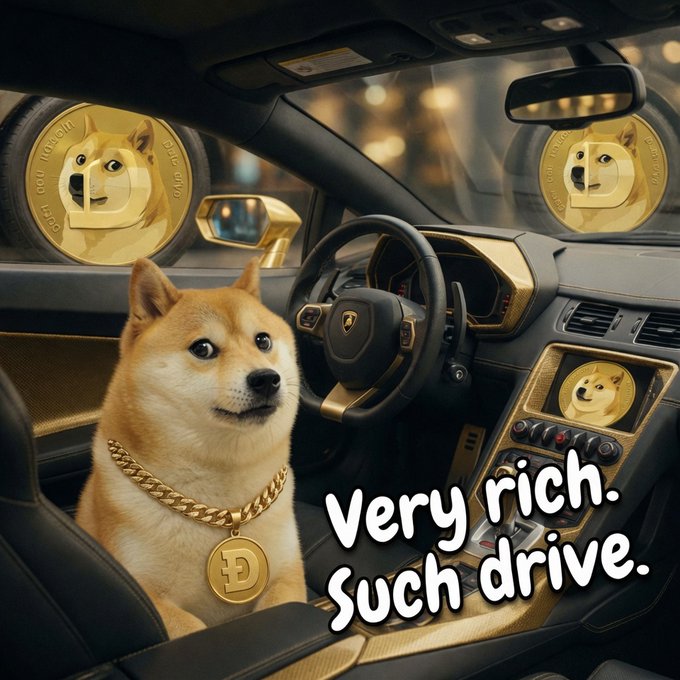 The image shows a Shiba Inu (Dogecoin mascot) wearing a gold chain with a Doge coin pendant, sitting in a luxury car with gold accents, Doge coins visible on the dashboard and wheels. The text "Very rich. Such drive." appears in the classic Doge meme font style, humorously connecting to the post's anticipation of a Dogecoin-funded Lamborghini lifestyle.